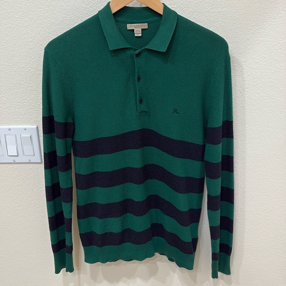 Burberry Green and Black Striped Button Down Shirt